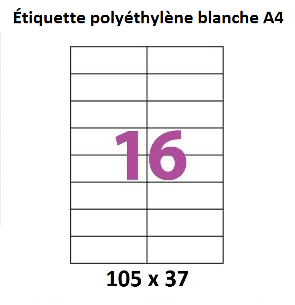 planche de 16 étiquettes polyéthylène  blanc  105 X 37